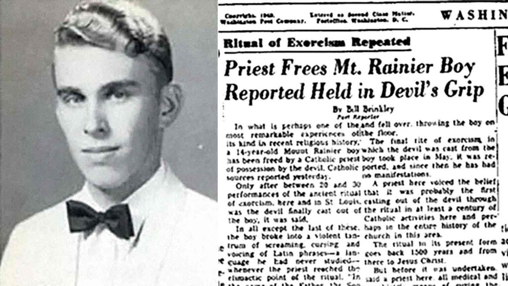 Montaje con una fotografía del joven protagonista del caso Mount Rainier y el recorte original del periódico The Washington Post, donde se reporta que fue liberado del demonio mediante un exorcismo católico en 1949. Este caso inspiró la novela y película El Exorcista.